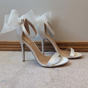 Lulu's Ivory Satin Ankle-Strap Stiletto Heels with Bow Detail
